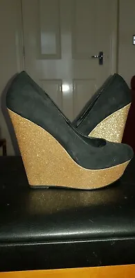 Miss Selfridge Faux Suede And Gold Glitter Wedges Size 6 • £17