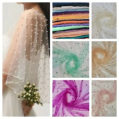 Studded Pearl Mesh Net Fabric Bridal Veil Soft Sheer Craft Dress Material 58  • £8.33