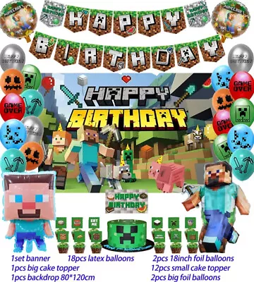 Minecraft Pixel Style Gamer Birthday Party Supplies For Game Fans With Backdrop • $25.99