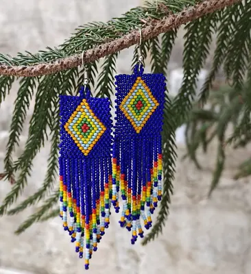Tribal Earrings Native Large Boho American Seed Beads Handmade Earring • $16.14