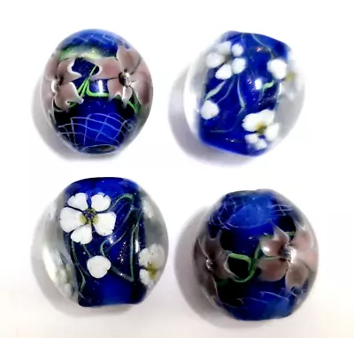 Four Extra Large (20mm) Hand Made Lamp-work Glass Beads - Flowers On Blue • £3.99