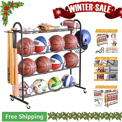 Rolling Ball Storage Rack With Baseball Bat Holder & Hooks - Sports Equipment... • $125.99