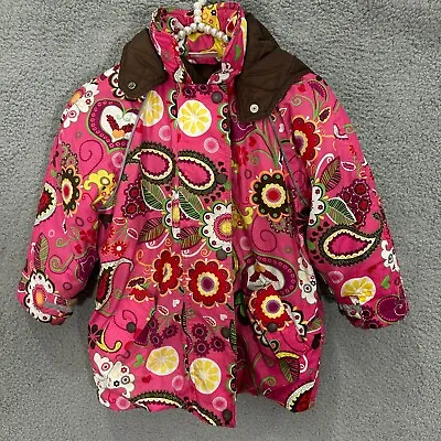 Hanna Andersson Jacket Girls 100 Pink Puffer Floral Paisley Hearts Hooded Warm • $23.99