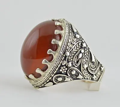 Yemeni Clear Natural Red Aqeeq Agate Stone Silver Men Ring خاتم عقيق احمر يماني • $124.99