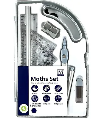 Maths Geometry Set Compass Case School Exam Stationery Ruler Protractor 9pc • £3.99