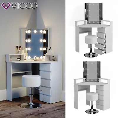 £217.50 • Buy Dressing Table Corner Vanity Desk Tilda White Mirror LED Designer Stool Vicco 