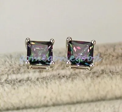 New Silver White Gold Filled 7mm Square Mystical Rainbow CZ Stud Post Earrings • $12.95