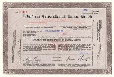 Molybdenite Corporation Of Canada Limited - 1960's-70's Dated Canadian Mining St • $10