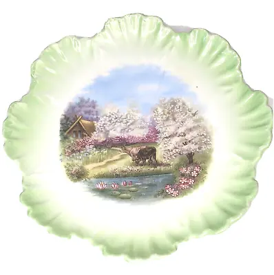 Antique Victoria Carlsbad Green Leaf Edged Porcelain 8.25  Plate Country Scene • $18.99