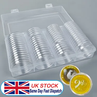 60Pcs 40mm Clear Storage Box Coin Capsules Holder Round Case Container Organizer • £6.89