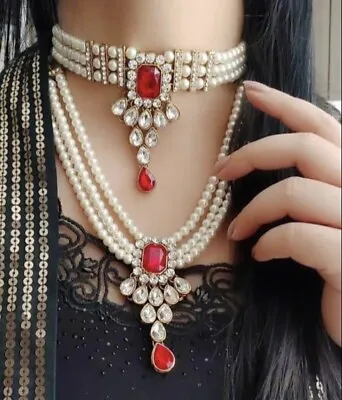 Indian Pearl Gold Necklace Bridal Bollywood Wedding 2 Pc Jewelry Earring Set • $12.59