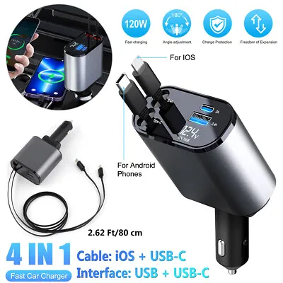4 IN 1 Retractable Car Charger Cable Dual Port USB-C PD Fast Charging Adapter • $21.99