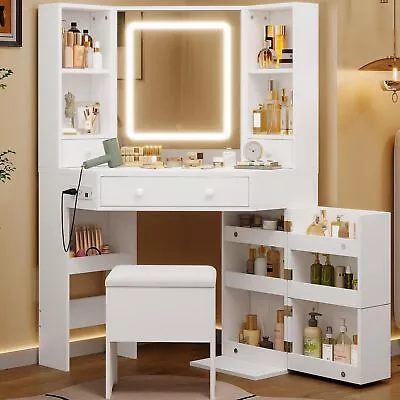 Vanity Desk Corner Makeup Table With Mirror & LED Lights Rotating Shelves Stool • $239.99