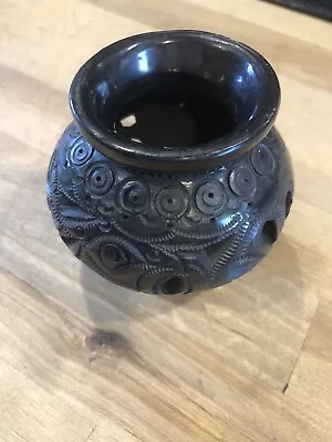 Vintage Oaxaca Mexico Black Clay Olla Pottery Filigree Intricate Cut  Small Vase • $20