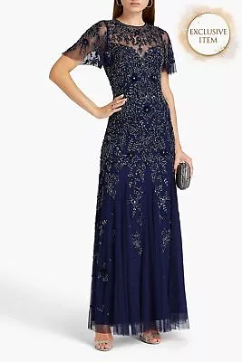 RRP €671 AIDAN MATTOX Tulle Maxi Beaded Gown US8 UK12 IT44 L Blue Flutter Sleeve • $0.14