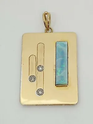 $775 • Buy Solid 14k Gold Elegant Diamond Opal Dog Tag Style Pendant Custom Ooak Unisex 