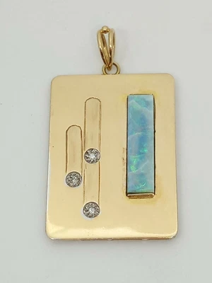 $775 • Buy Solid 14k Gold Elegant Diamond Opal Dog Tag Style Pendant Custom Ooak Unisex 