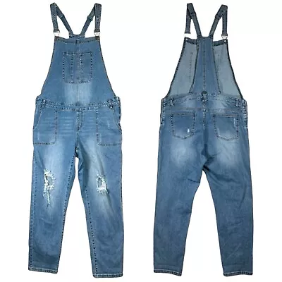 Maternity Distressed Denim Bib Overalls Size XXL Stretch Side Zips Torn Rip Boho • $26.66