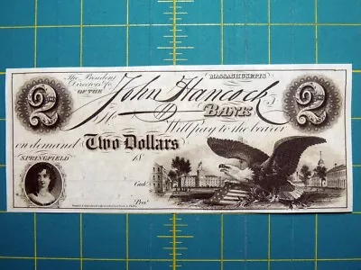 Reproduction $2 1860s Springfield MA John Hancock Obsolete Bank Note Copy • $3.95