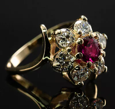 Natural Ruby Diamond Ring 18K Gold Vintage Flower • $1650