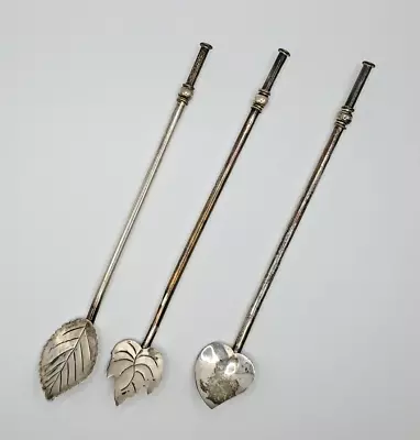 SET OF 3 ~ Vintage UXMAL Taxco Mexico Sterling Silver Mint Julep Straw Spoons A • $75