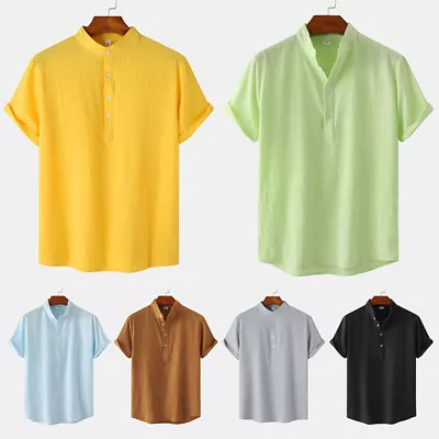 Men Cotton Linen Short Sleeve T-Shirt Solid Shirt Blouse Tunic Tees Causal   • $14.68