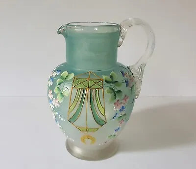 Antique Victorian Hand Painted Frosted Green Glass Jug Enamel Forget Me Not • £20