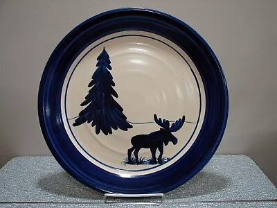 Large BLUE & CREAM Glazed Pottery Serving PLATTER MOOSE TREE Scene Heavy  • $24.95