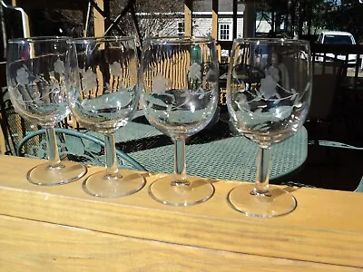 Vintage Etched Wine Glasses/Water Goblets Set Of 4 W/Flower & Leaf Pattern • $24