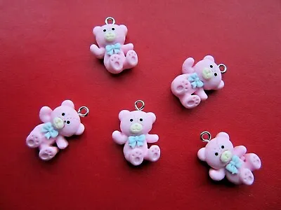 £3.49 • Buy Teddy Bear Resin Charms Pendants Baby Pink It's A Girl X 5