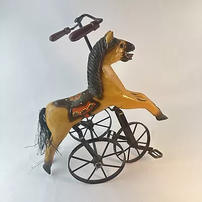 Antique Wooden Horse Tricycle Velocipede Toy Carved Body Real Hair 14” • $139