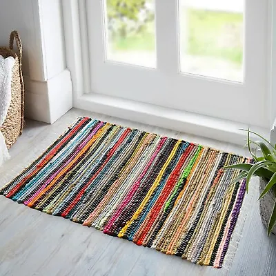 100% Cotton Handmade Chindi Rug Multicoloured Area Flat Rag Rugs Weave Mat Mats • £6.99