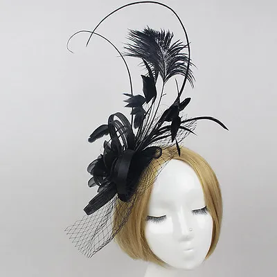 $46.99 • Buy Stunning Black Felt & Sinamay Fascinator With Long Feathers, Netting & Flower 