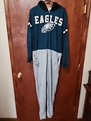 Philadelphia Eagles NFL One Piece Zip Up Hooded  Pajamas Sleepwear Adult S Green • £24.13