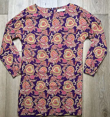 Ann Taylor Loft Dress Womens XS Purple Yellow Pink Paisley Long Sleeve Preowned • $18