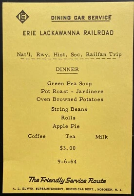 $14.99 • Buy 1964 ERIE LACKAWANNA RAILROAD Vintage Dinner Menu DINING CAR SERVICE Hoboken, NJ