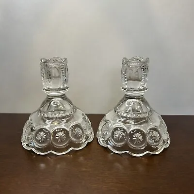 Vintage L E Smith Moon And Stars Clear Glass Set Of 2 Candle Holders--4.5'' Tall • $19.99