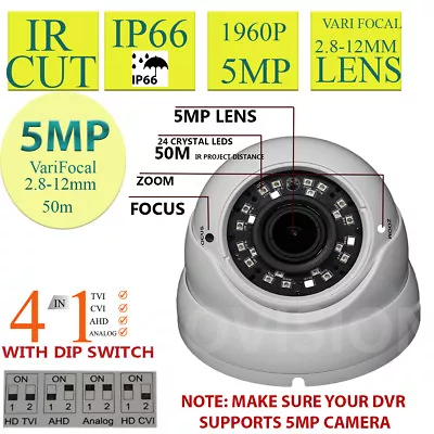 Dome Cctv Camera 5mp Varifocal 2.8-12mm Tvi Full Hd 1080p Outdoor Night Vision • £39.99