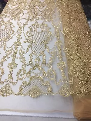 Mia's Fabric Gold Metallic Damask Design Embroidered On Mesh Lace Fabric By Yard • $34.36