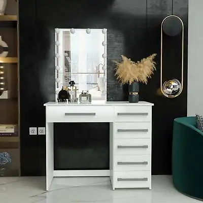 Vanity Dressing Table With Mirror Light Bulbs 6 Drawers White • $338.99