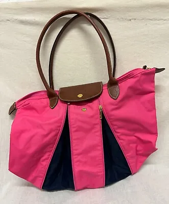 Auth Longchamp Lepliage Expandable Tote Zippers Nylon Leather Pink Navy France • $75