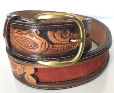$25 • Buy Vintage Tony Lama Tooled Leather Orange Velvet Western Belt 30 Buckle 70s 80s