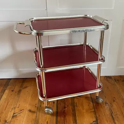 Antique Vintage 1960's Push Along Tray Table Red Food Wheels Retro Trolley • £249