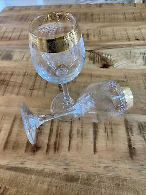 Pair 2 Vintage Gold Scroll FLORAL ETCHED Rim Wine Crystal Glasses 6.75  MCM EUC • $17.99