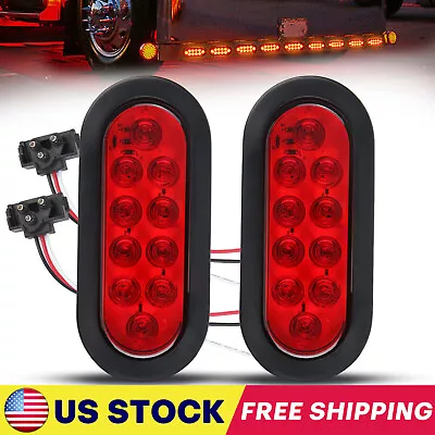 2 Red 6  Oval Trailer Lights 10 LED Stop Turn Tail Truck Sealed Grommet Plug DOT • $13.69