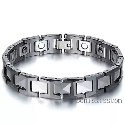 12mm Tungsten Carbide Energy Magnetic Hematite Men's Bracelet Black 8.3 Inch • $18.04