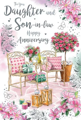 Daughter Son In Law Anniversary Card Chairs Gifts & Wine 9  X 6  Happy • £3.15