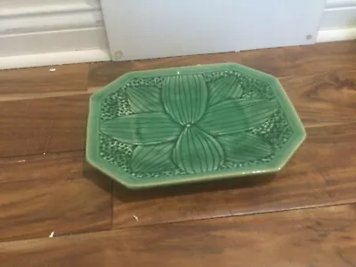 RARE Decorativ Octogonal Green Crackled Glazed Ceramic Lotus Majolica 11''X8.5'' • $40.55