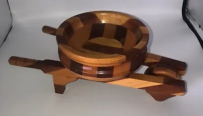 Rare Vintage MCM Wood Wheelbarrow Wheel Barrel Sculpture Bowl Dish Marquetry • $55.25