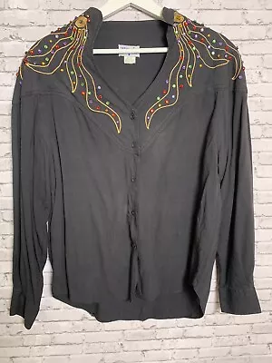 Vintage 90s Wrangler Shirt Womens M Black Button Up Western Rodeo Rhinestone Top • $49.68